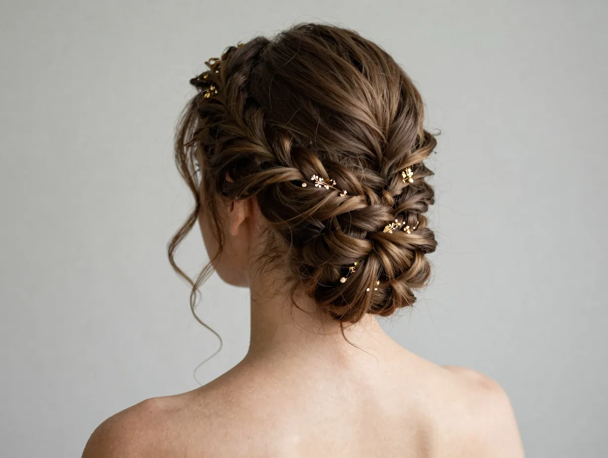 Braided updo with loose tendrils gold barrette face framing pieces