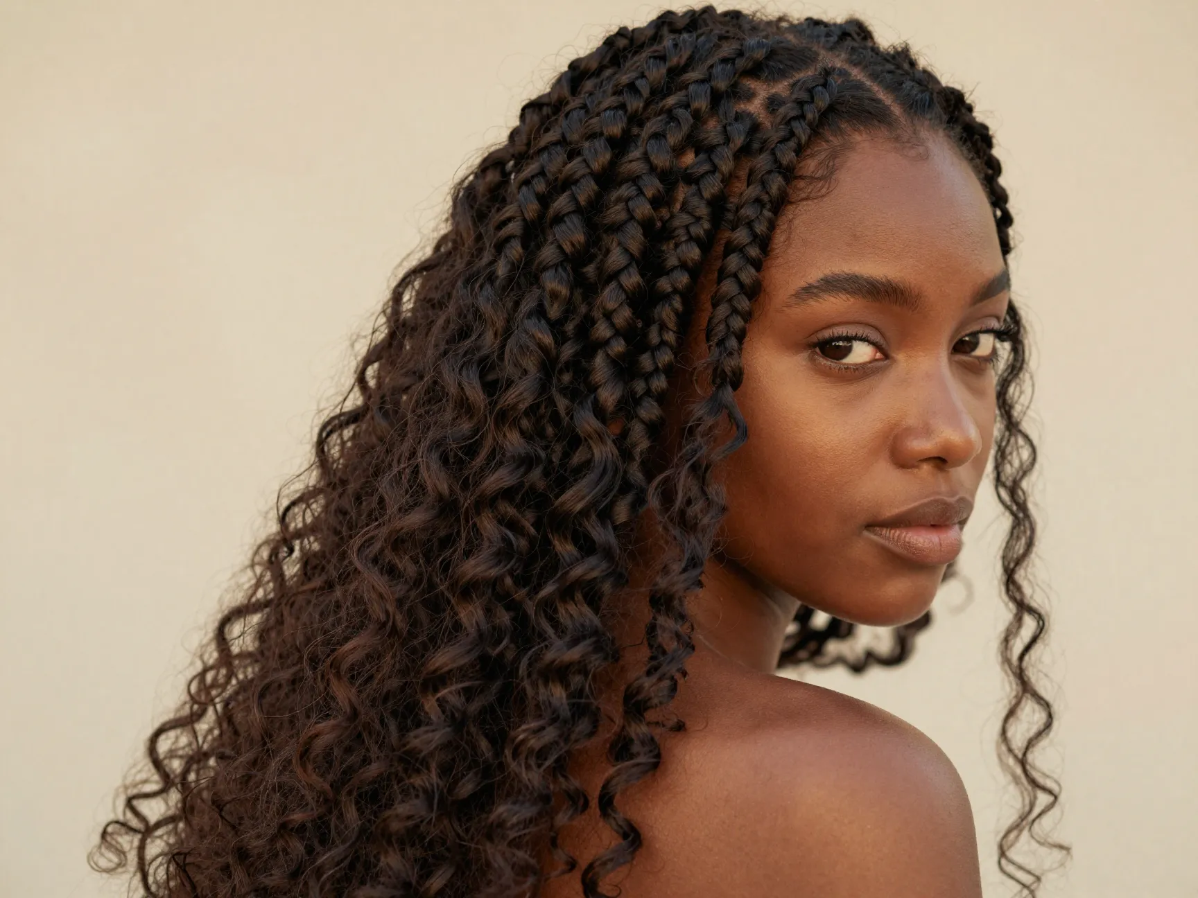 Knotless goddess braids with wavy curly hair interwoven