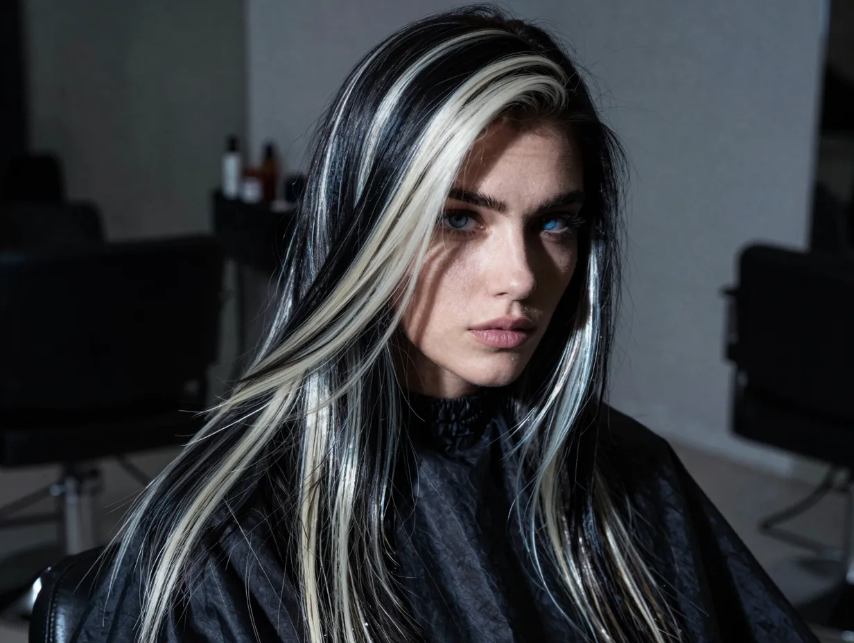 Platinum blonde high contrast highlights on black hair editorial style