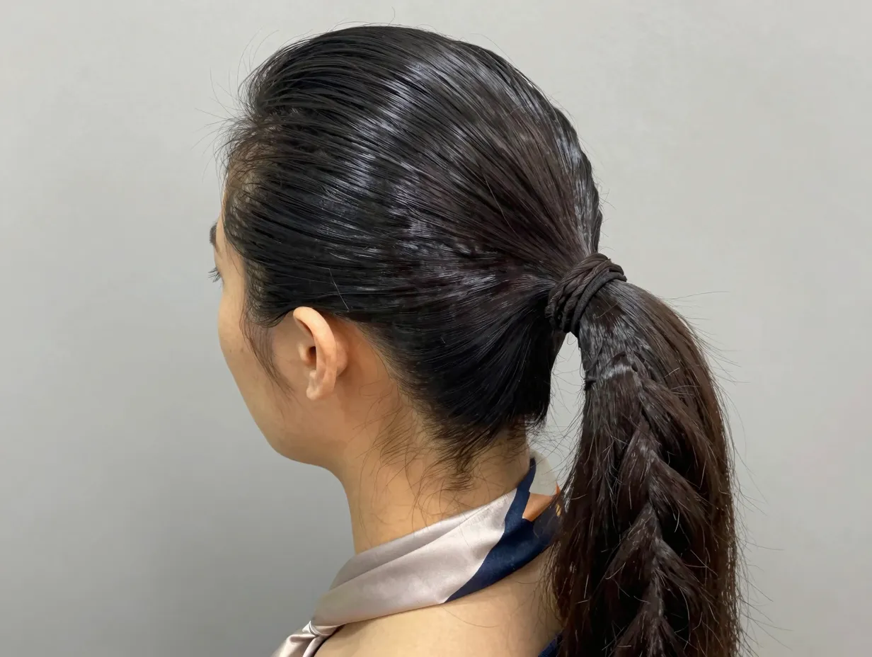 Slick back ponytail braid with seamless crown and textured tail