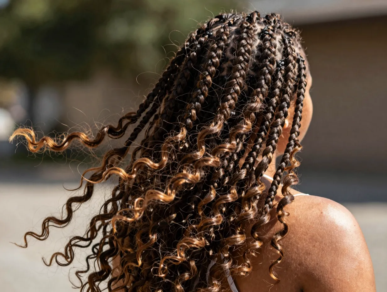 Bohemian knotless braids with loose curly strands textured