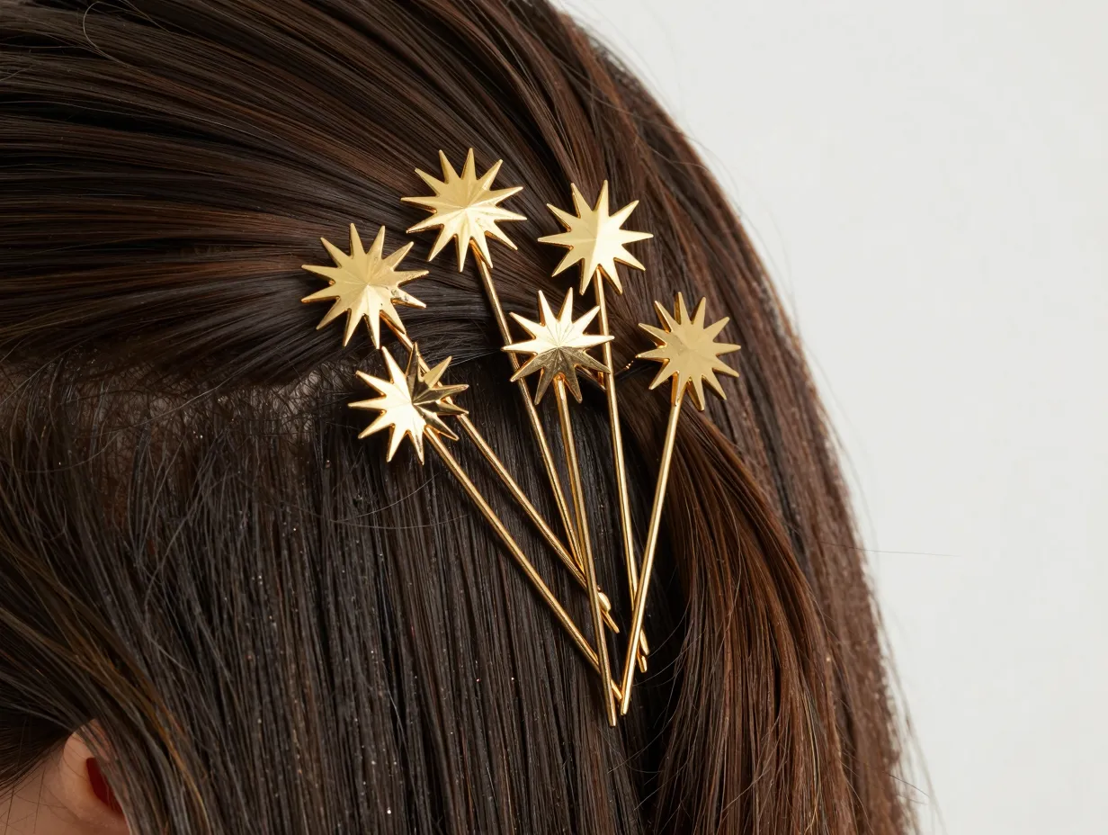 Cluster of architectural gold bobby pins with starburst toppers