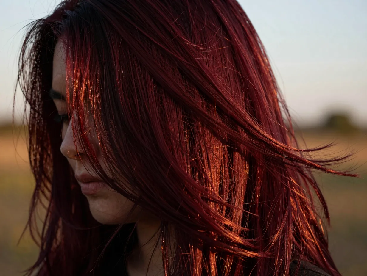 Deep burgundy red hair color showing rich hue in sunlight