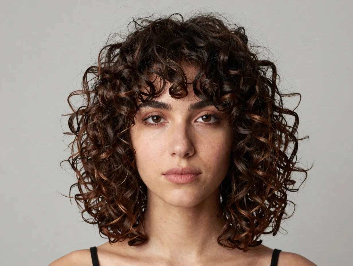 Shaggy curly lob with heavy layers and curtain bangs above shoulders