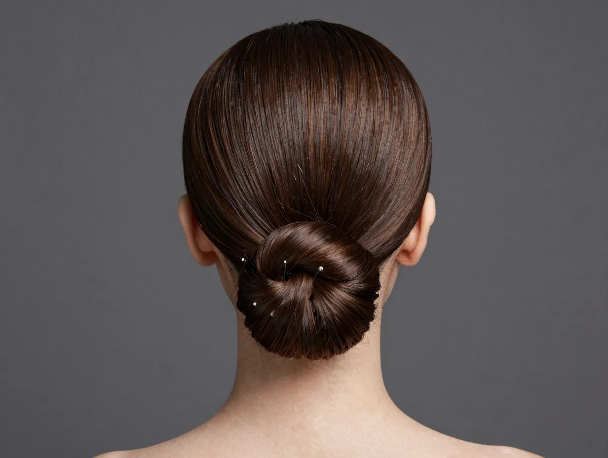 Sleek low bun at nape smooth hair polished sophisticated glamour