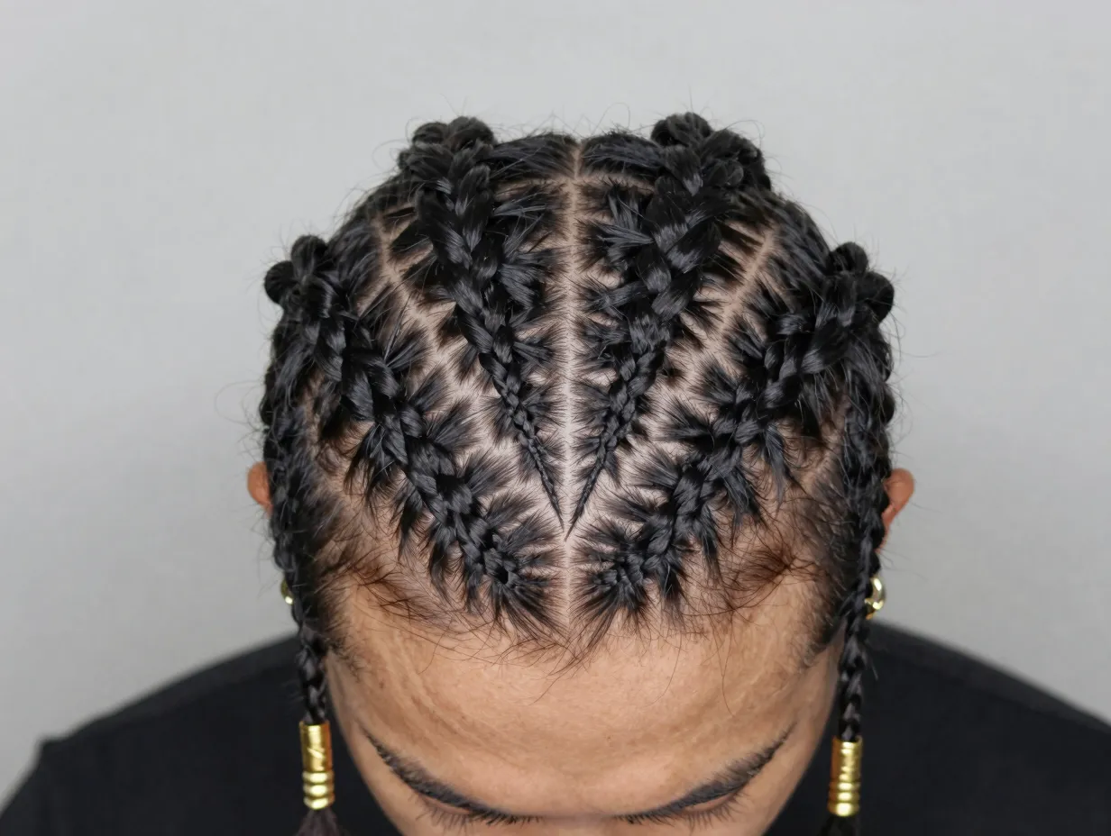 Zig zag cornrow braids with dynamic graphic parting pattern