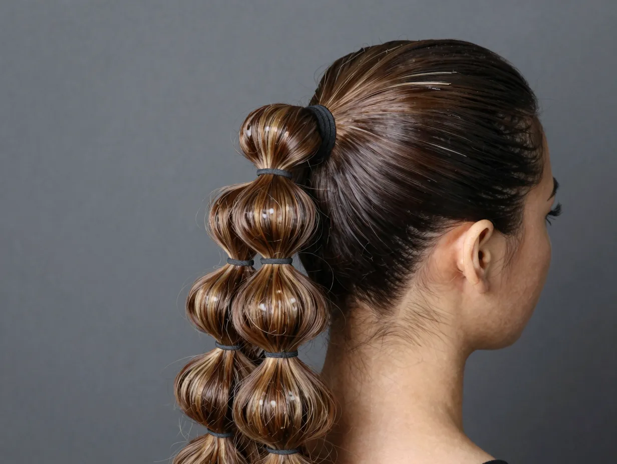 Bubble slick ponytail braid with carved rounded sections