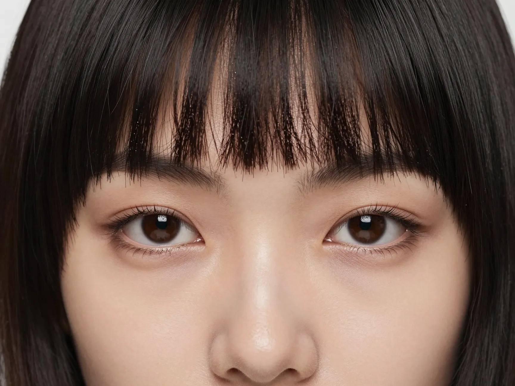 Close up of a blunt micro fringe on a fashionable woman