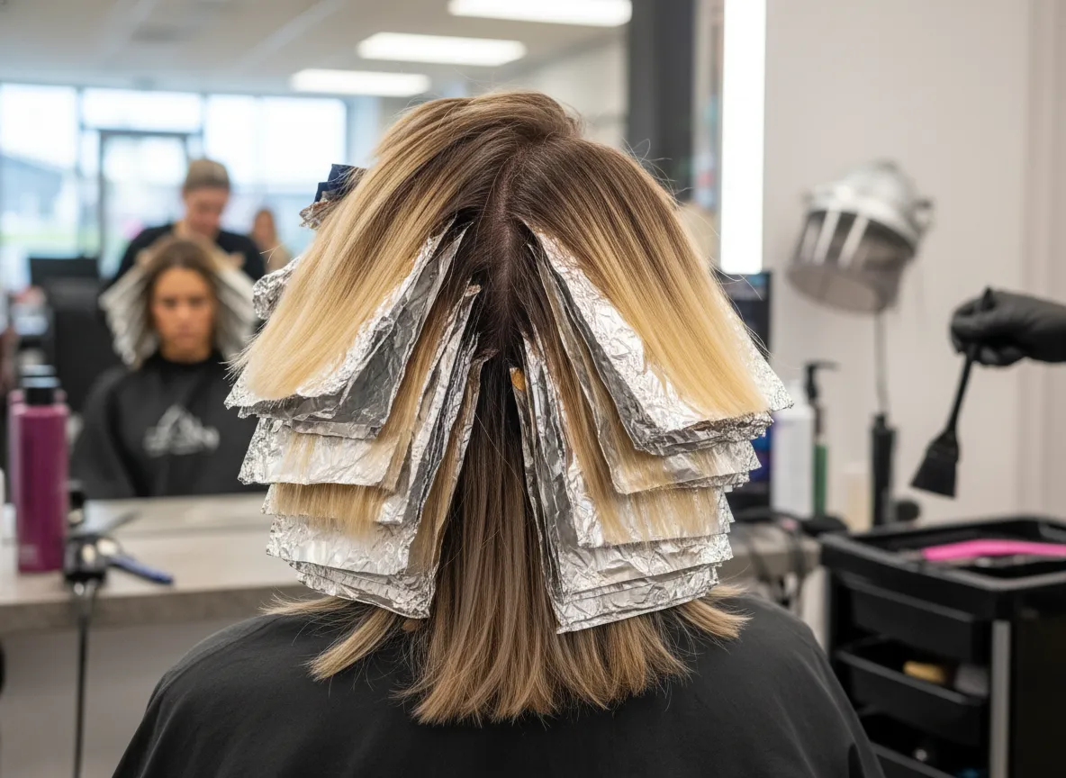 Foilayage root melt with bright blonde sections and blended base