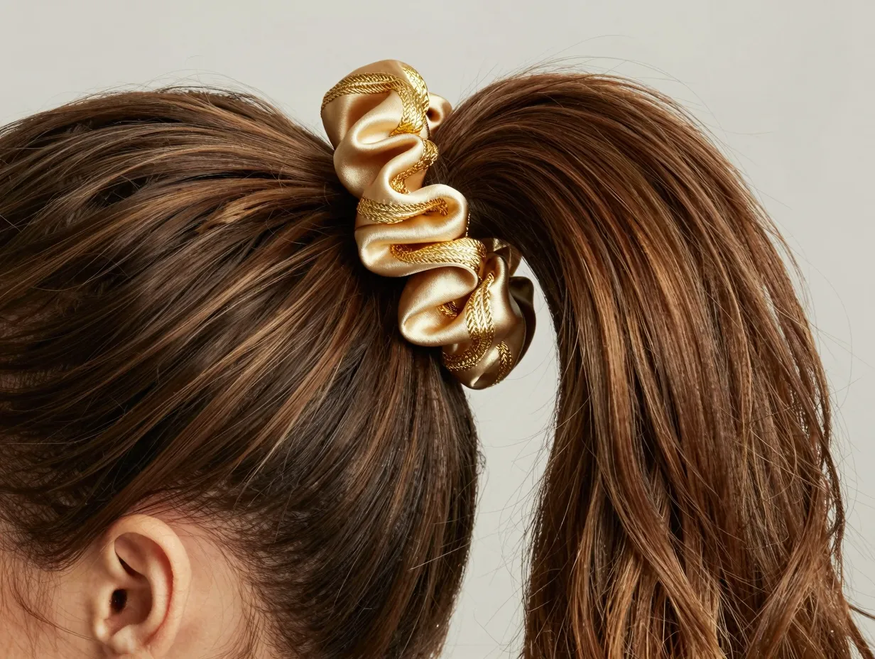 Gold silk scrunchie with metallic thread in a full high ponytail