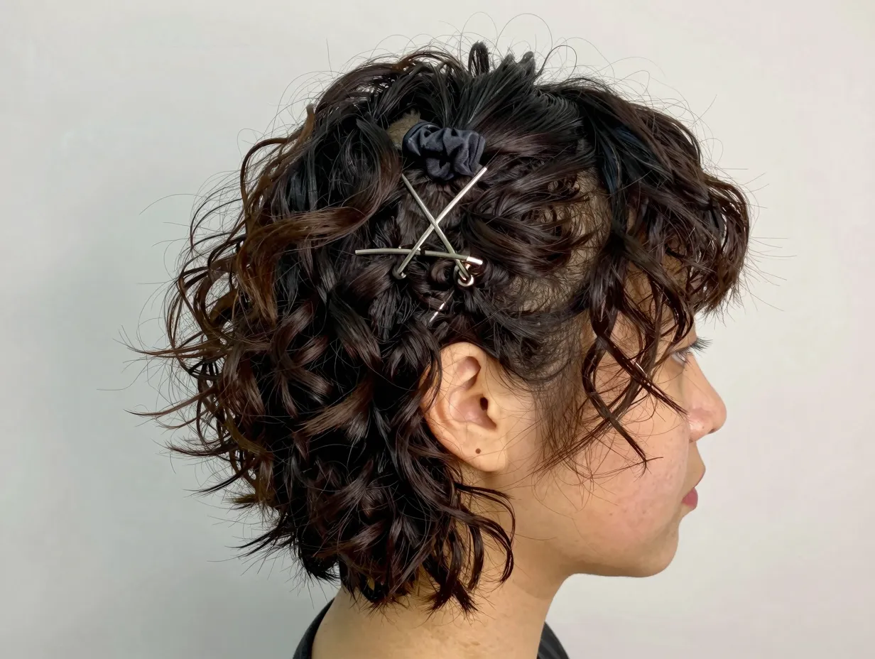 Half up messy curly bob with scrunchie and framing ear pieces