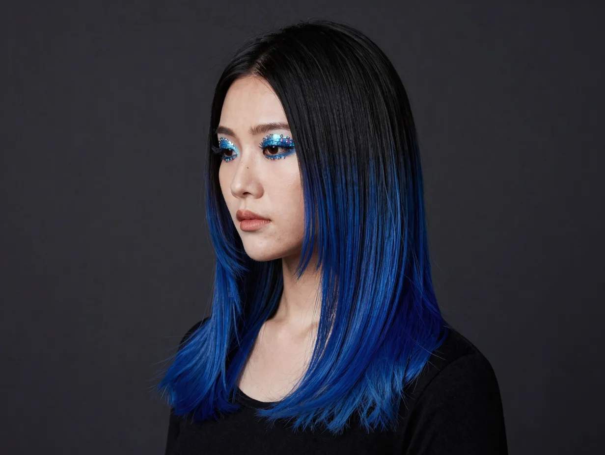 Navy blue ombre fade on black hair with jewel toned makeup
