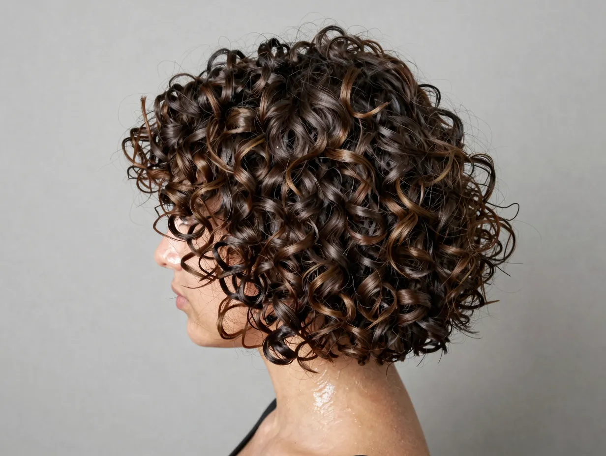 Gel defined curly bob with intentional frizz and broken cast