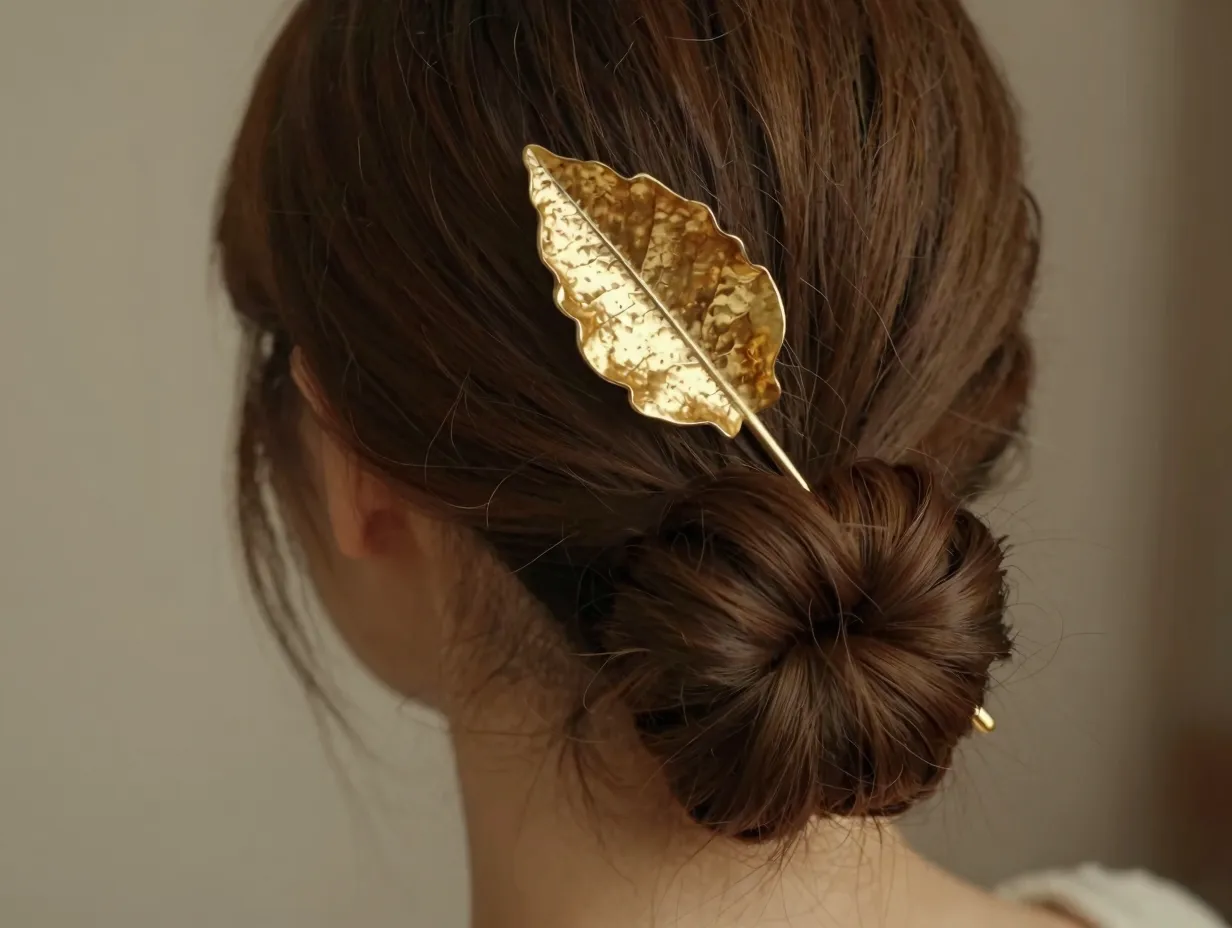 Large hammered gold leaf hair pin anchoring a low twisted bun