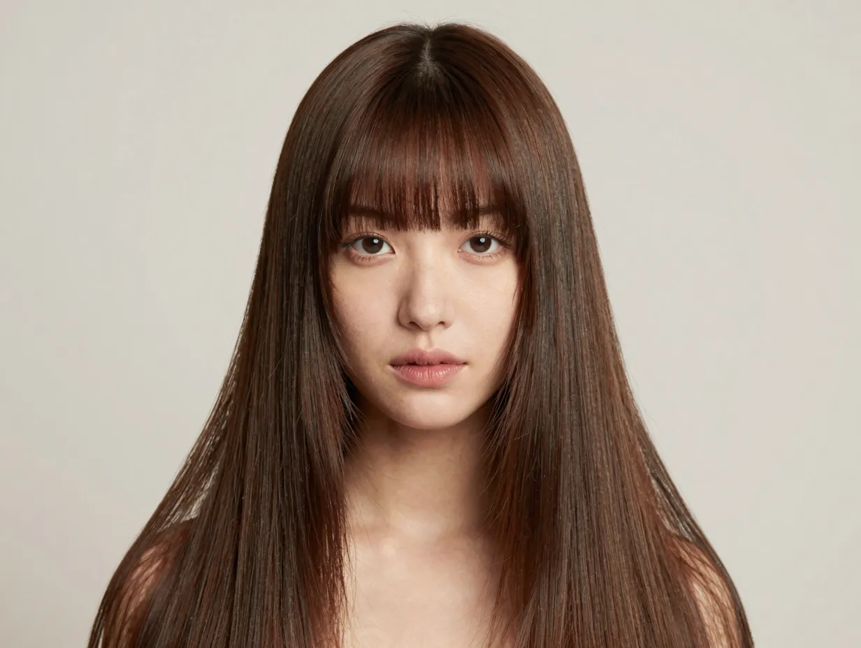 Long straight hair with face framing curtain bangs parted center