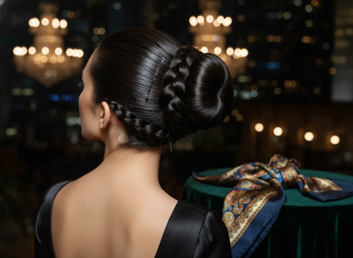 Slicked back high bun with incorporated braid detail