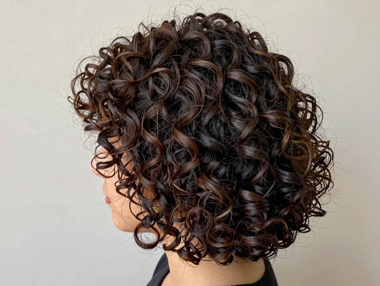 Diffused voluminous curly bob with root lift and pulsed heat