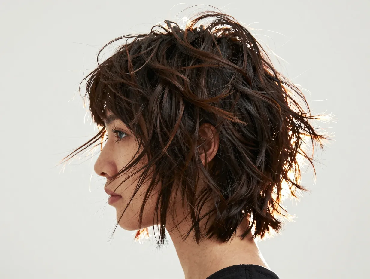 Dynamic wolf cut with heavy shaggy layers and voluminous texture