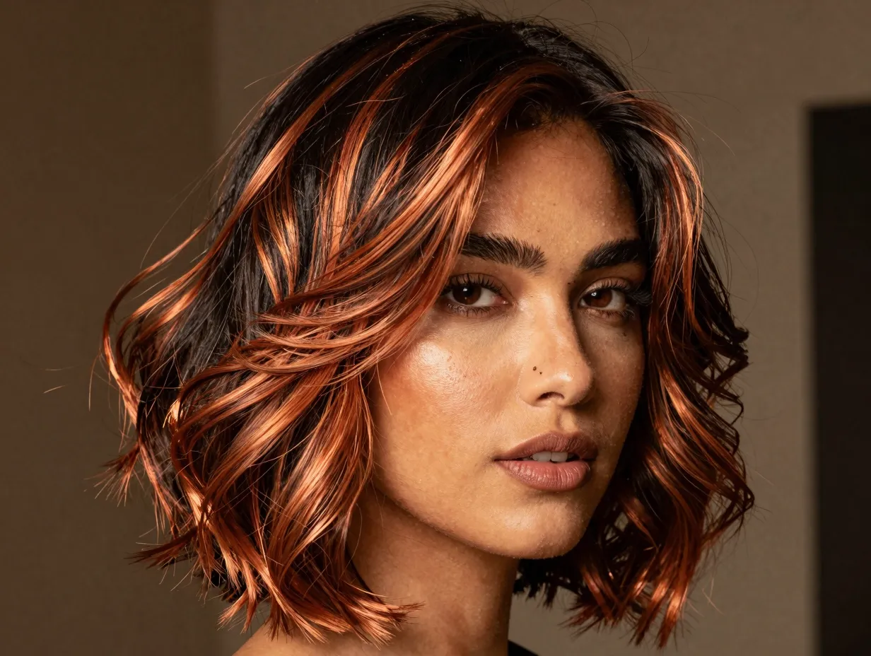 Fiery copper highlights contrasting against black roots face framing