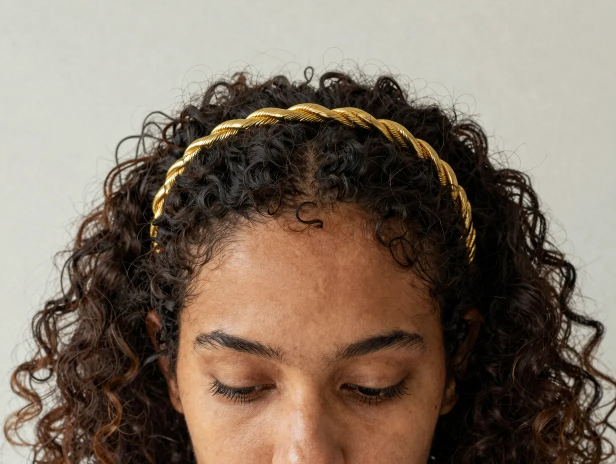 Rigid twisted gold headband on curly hair defining wash and go