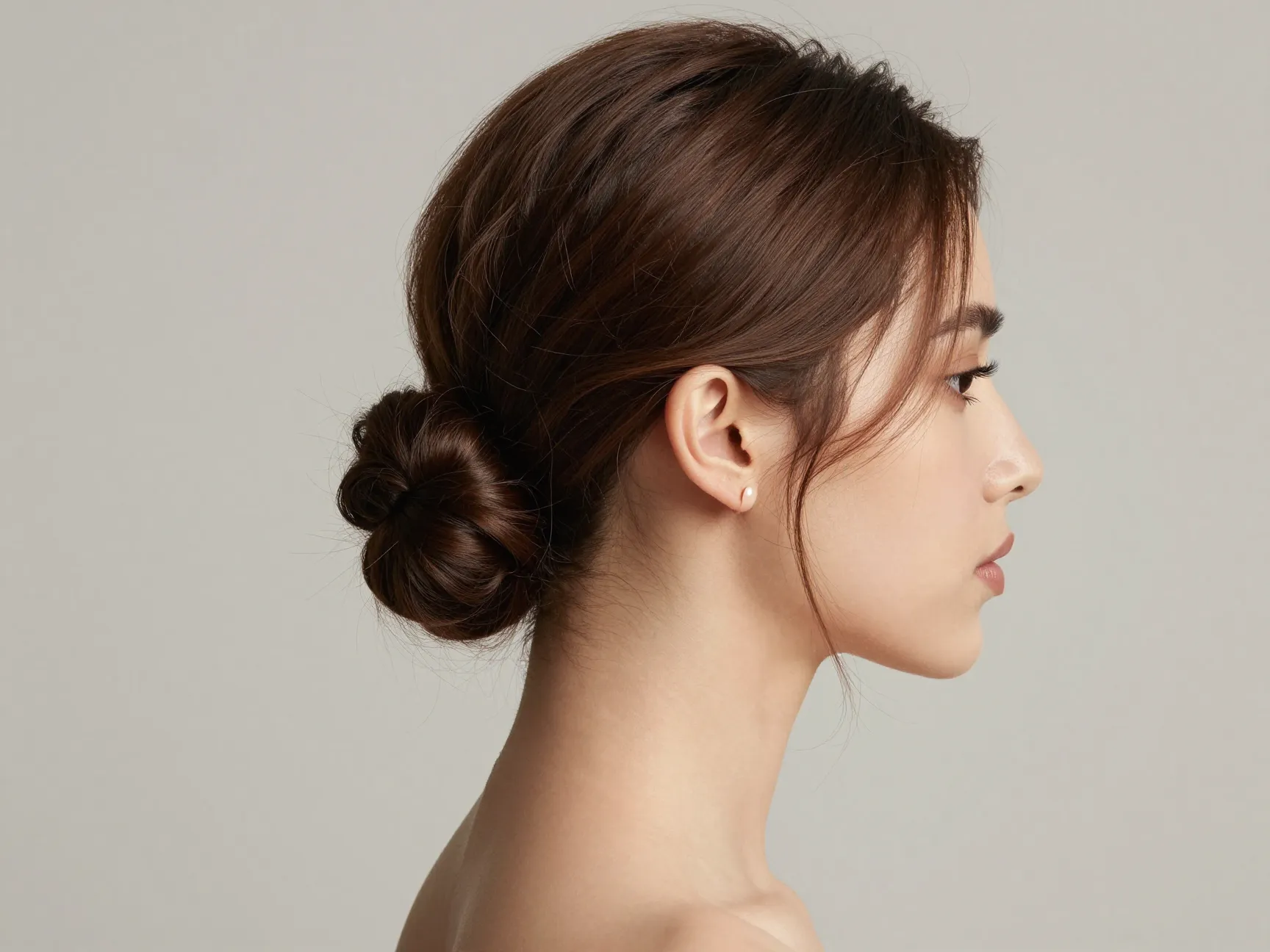 Side swept chignon above ear with soft face framing pieces