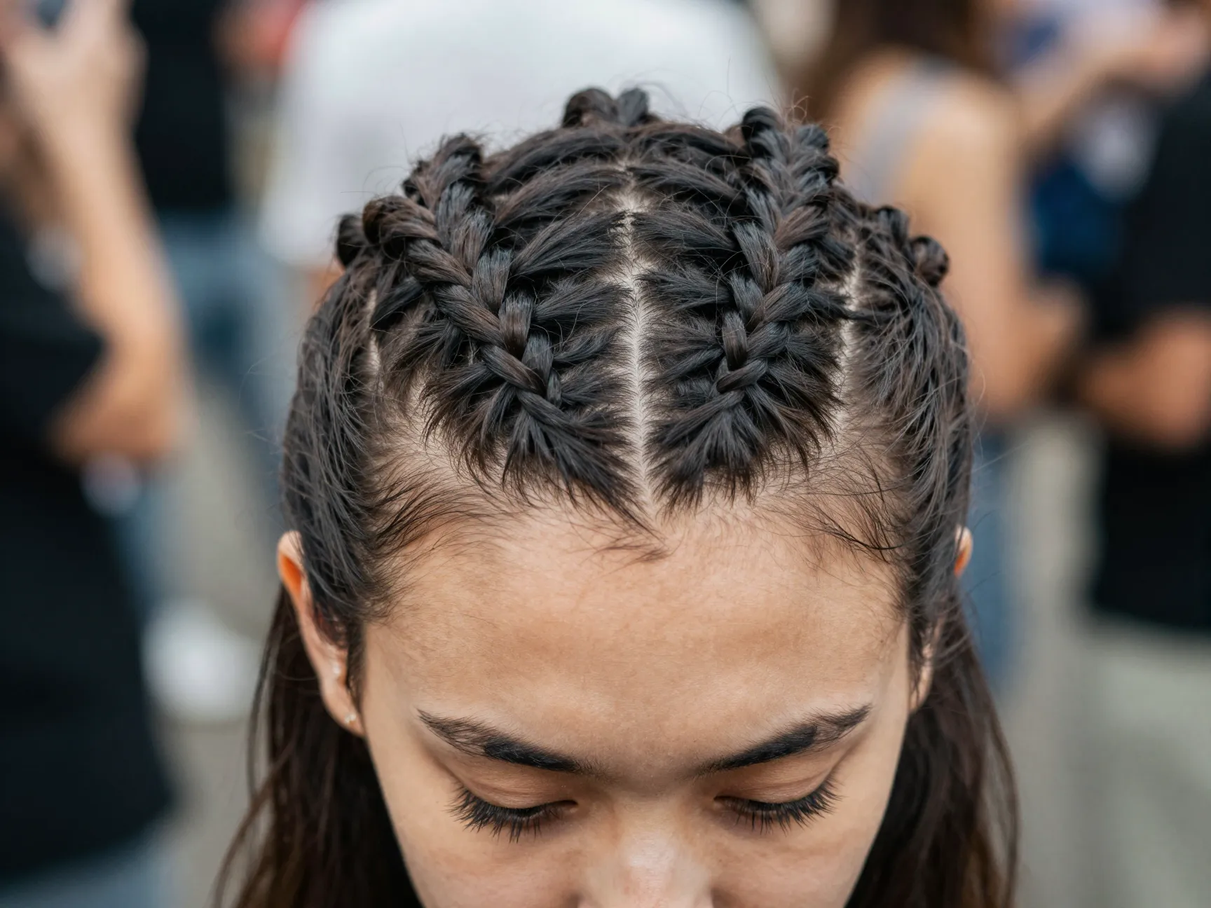 Textured slick back braid with dimensional pulled apart sections