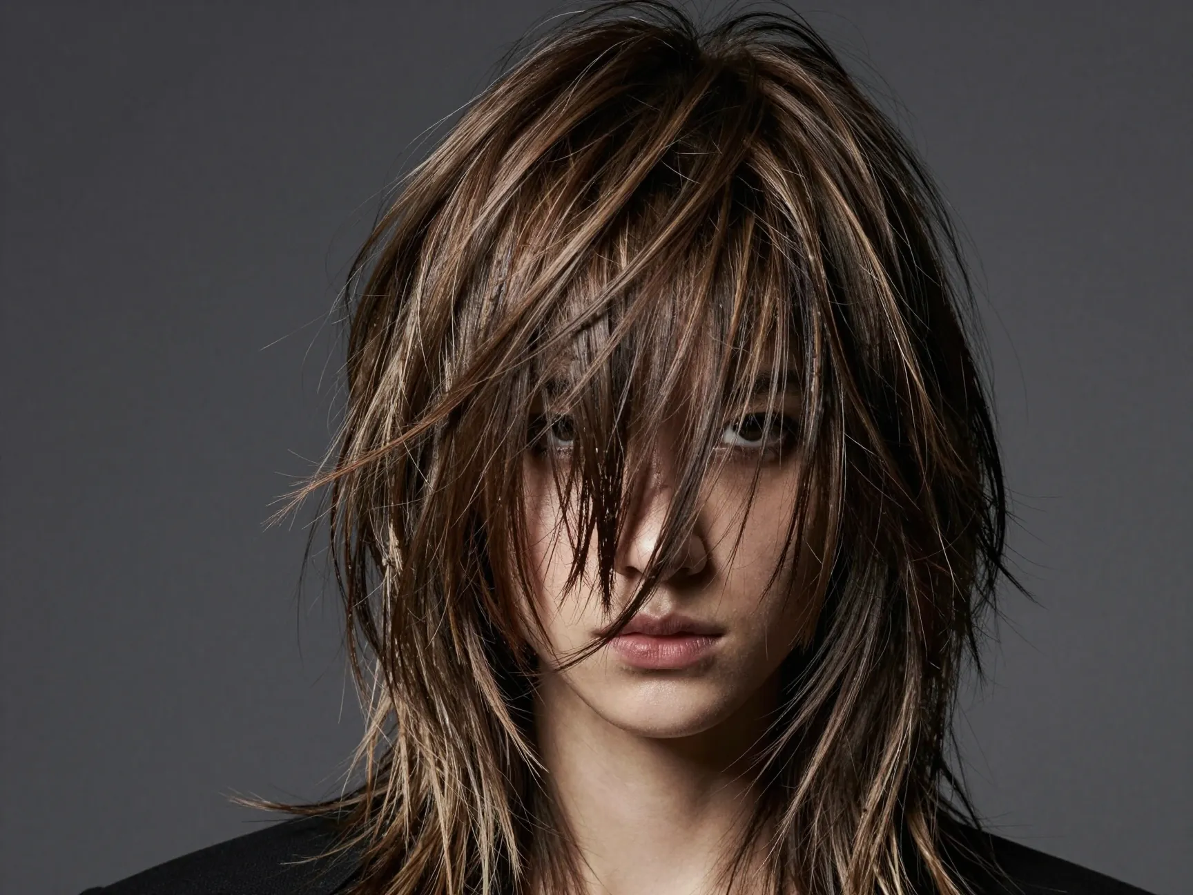 Wolf cut with heavy shaggy layers and textured ends on straight hair