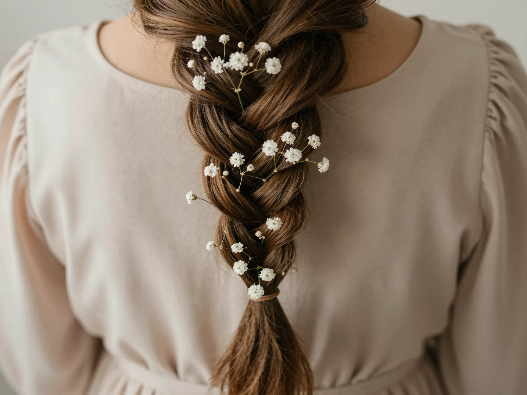 Boho flower braid with babys breath wildflowers loose dutch braid
