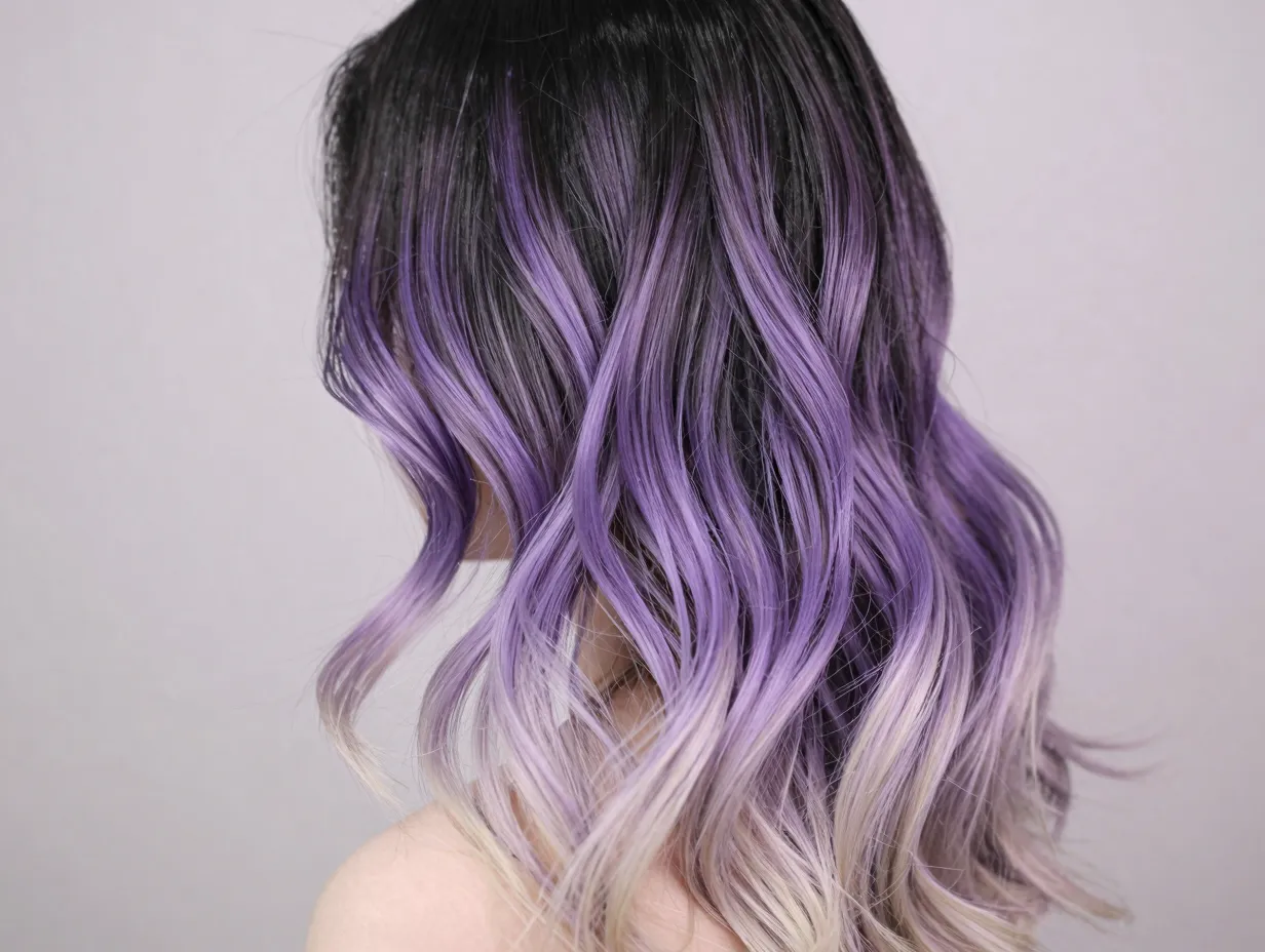 Ethereal lavender balayage on black hair with soft dreamy aesthetic