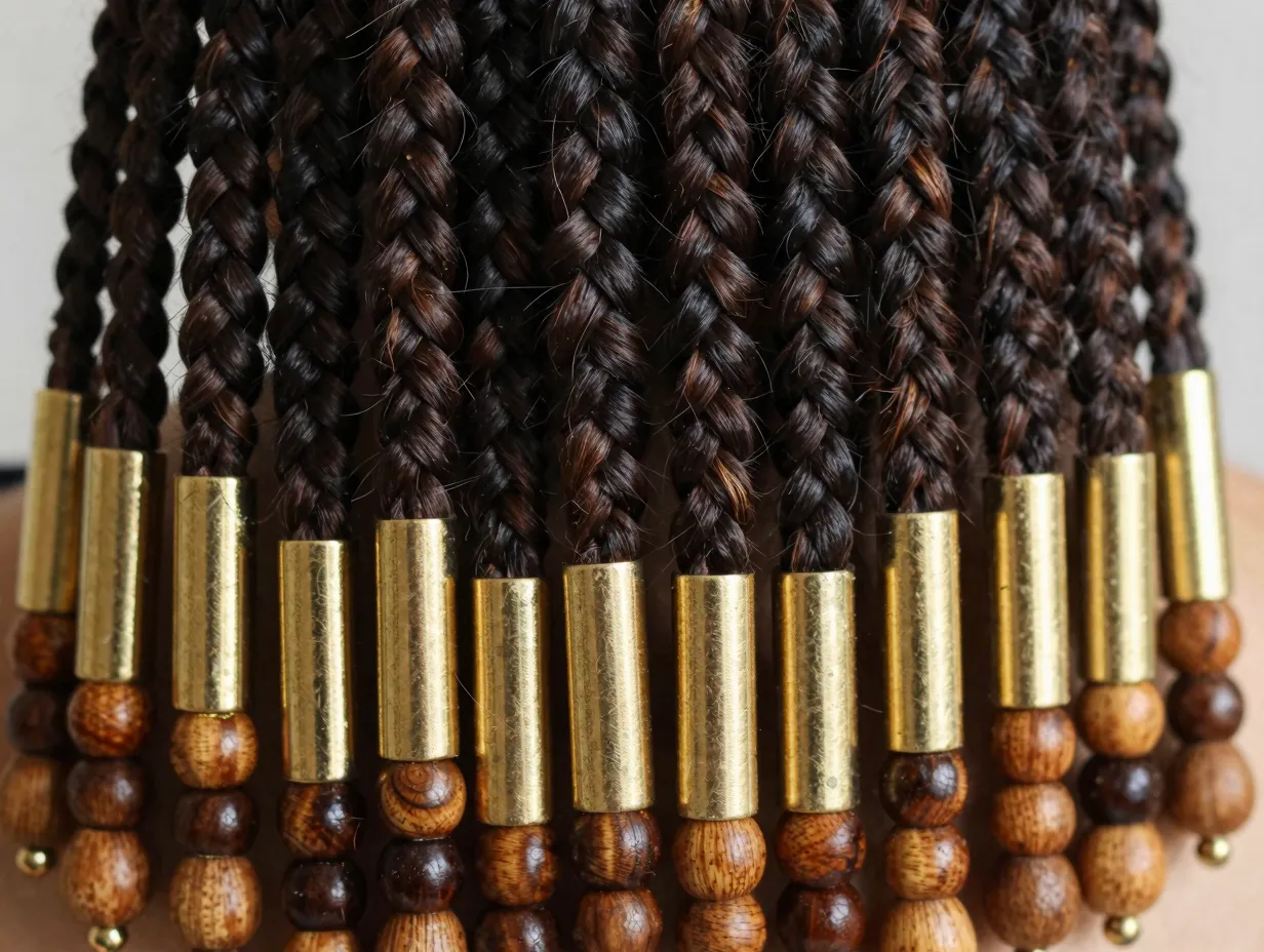 Knotless braids with gold cuffs and beads accessorized ends