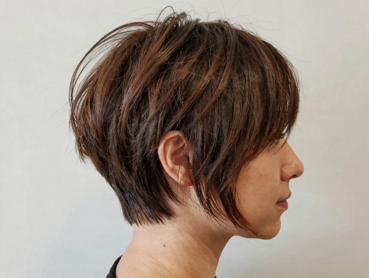 Layered pixie cut adding volume and body to fine hair