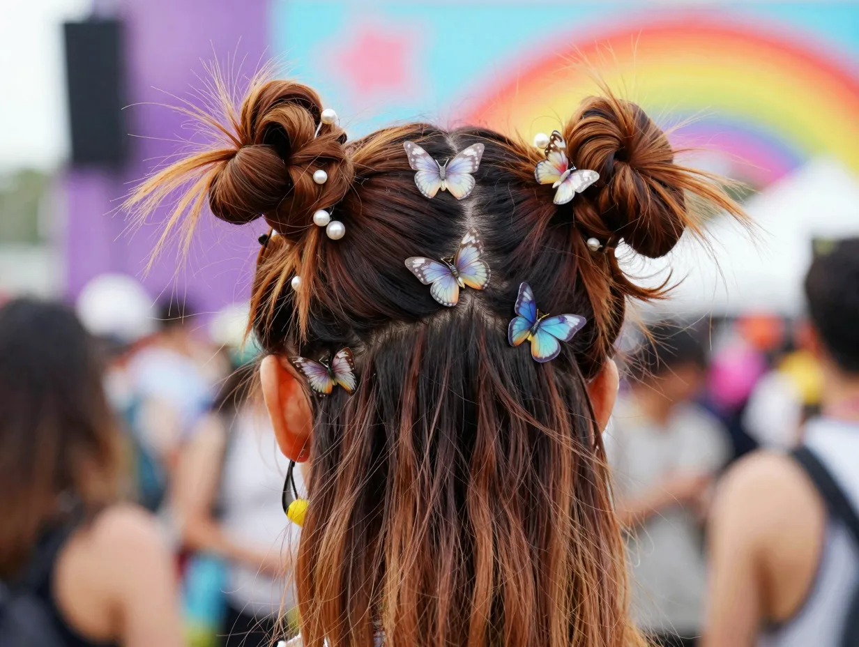 Playful space buns hybrid half ponytail