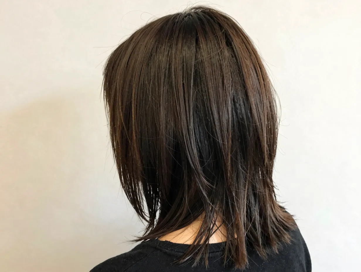 Straight shag haircut with uniform layers and wispy point cut ends