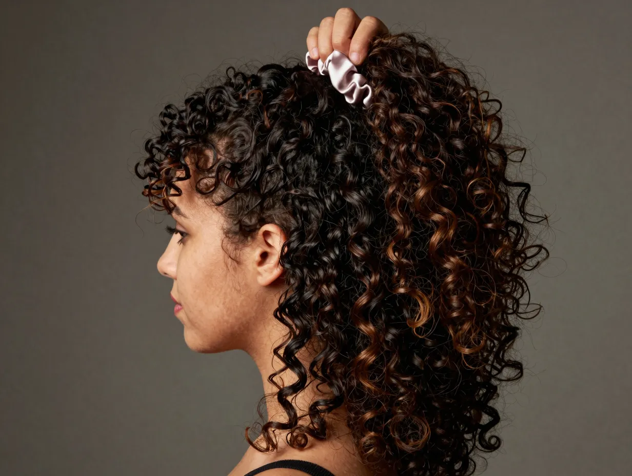 Dramatic voluminous curly half ponytail