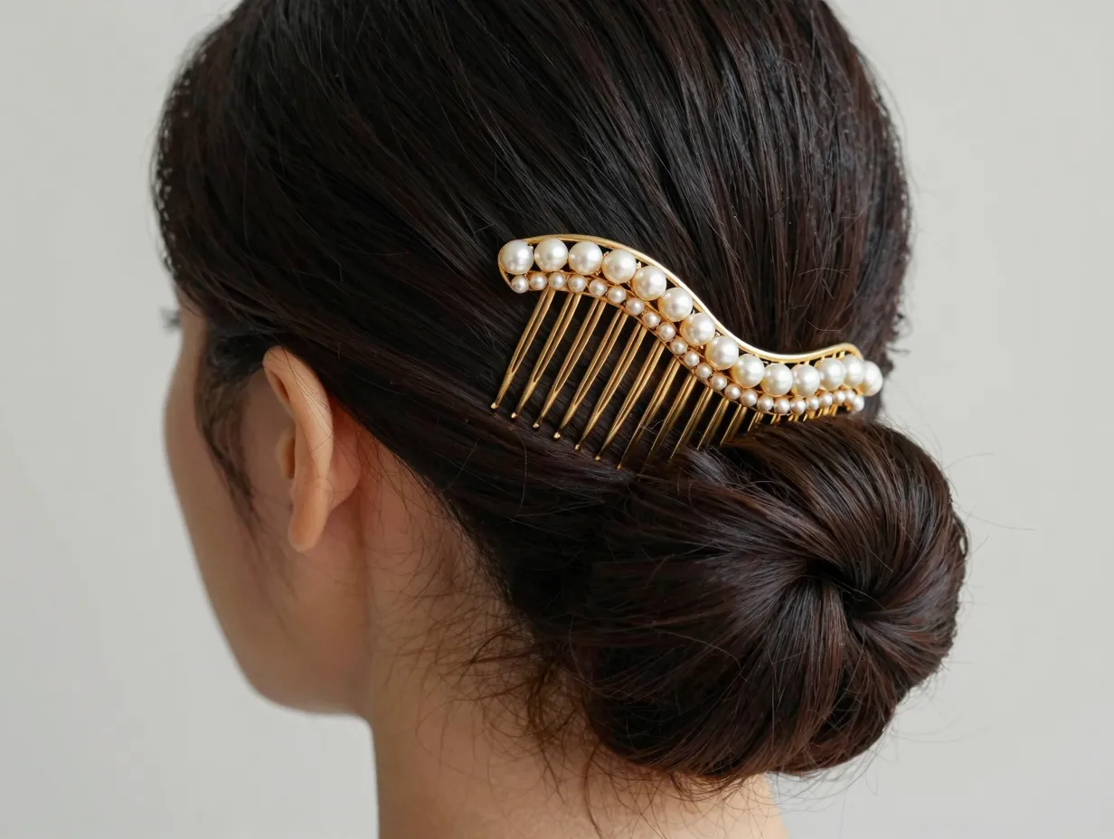 Gold pearl studded hair comb tucked into side of formal chignon