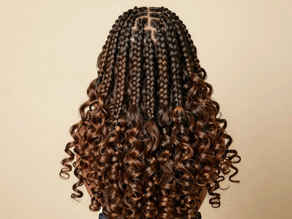 Knotless braids with curly ends playful textured finish