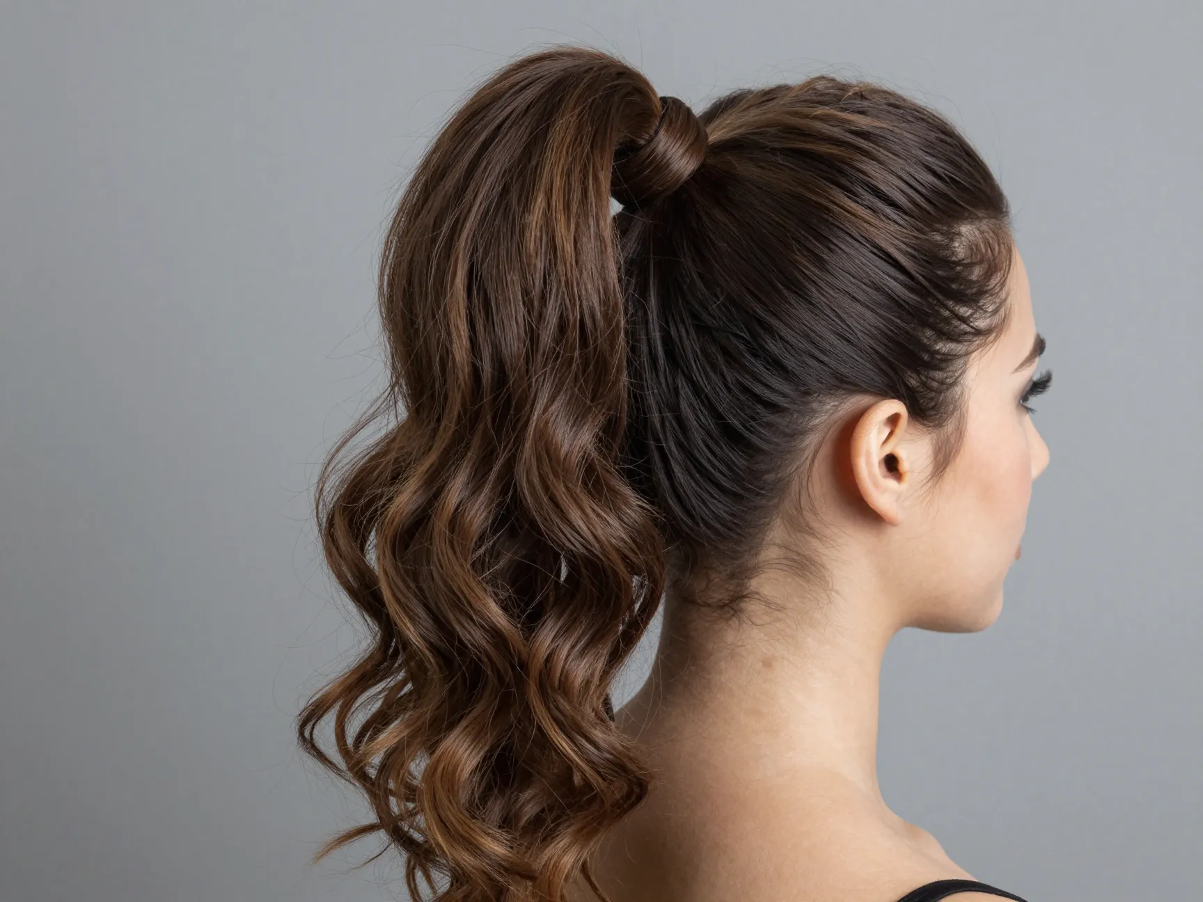 Textured high ponytail with wrapped base and voluminous curls