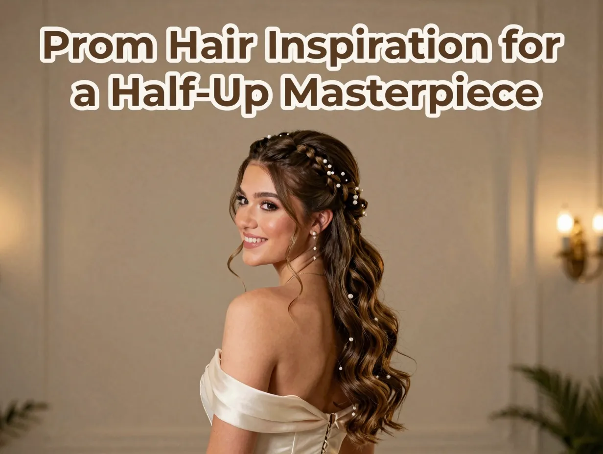 Confident young woman elegant prom half up braided hair pearl accessory