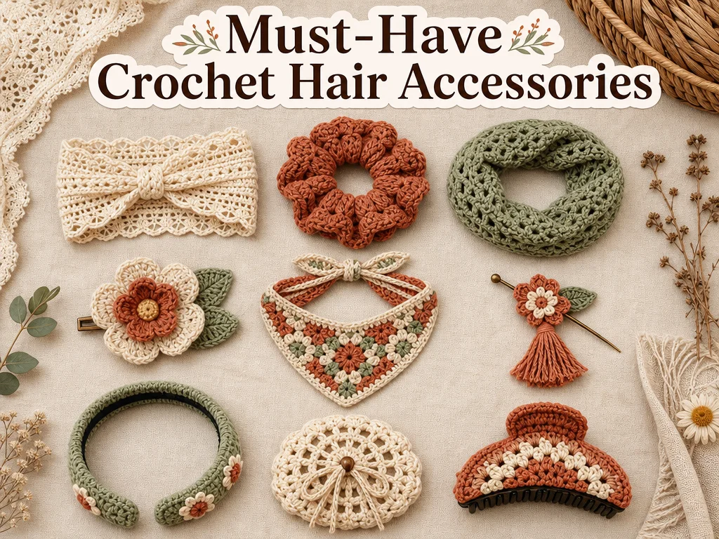 Crochet headband scrunchie snood flower clip bandana tassel pin alice band bun claw clip