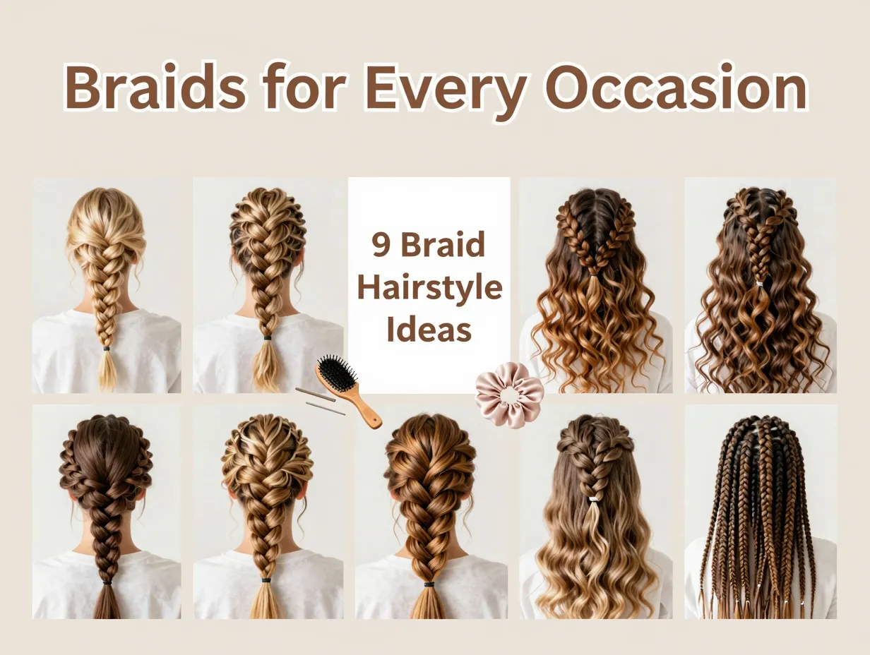 Nine braid styles flat lay studio light neutral tones lifestyle