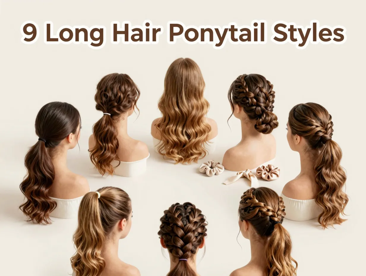 Nine elevated ponytail styles for long hair showcasing variety