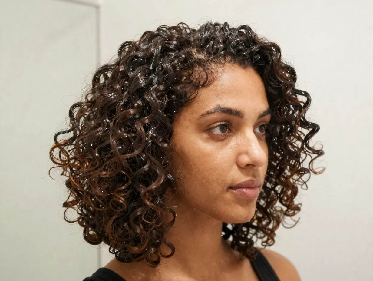 Classic wash and go lob on 3a to 4a curls in home bathroom