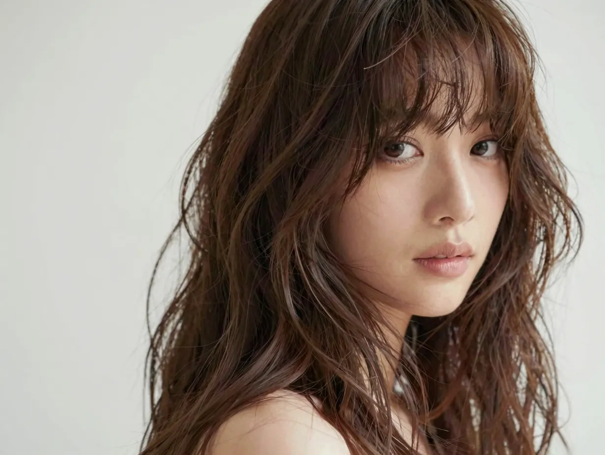 Curtain bangs long layers wavy hair romantic portrait