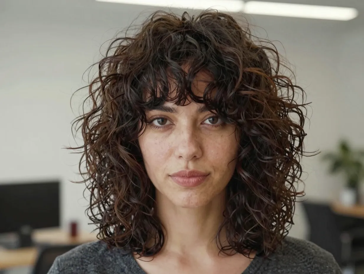 Modern curly shag layered volume face framing bangs