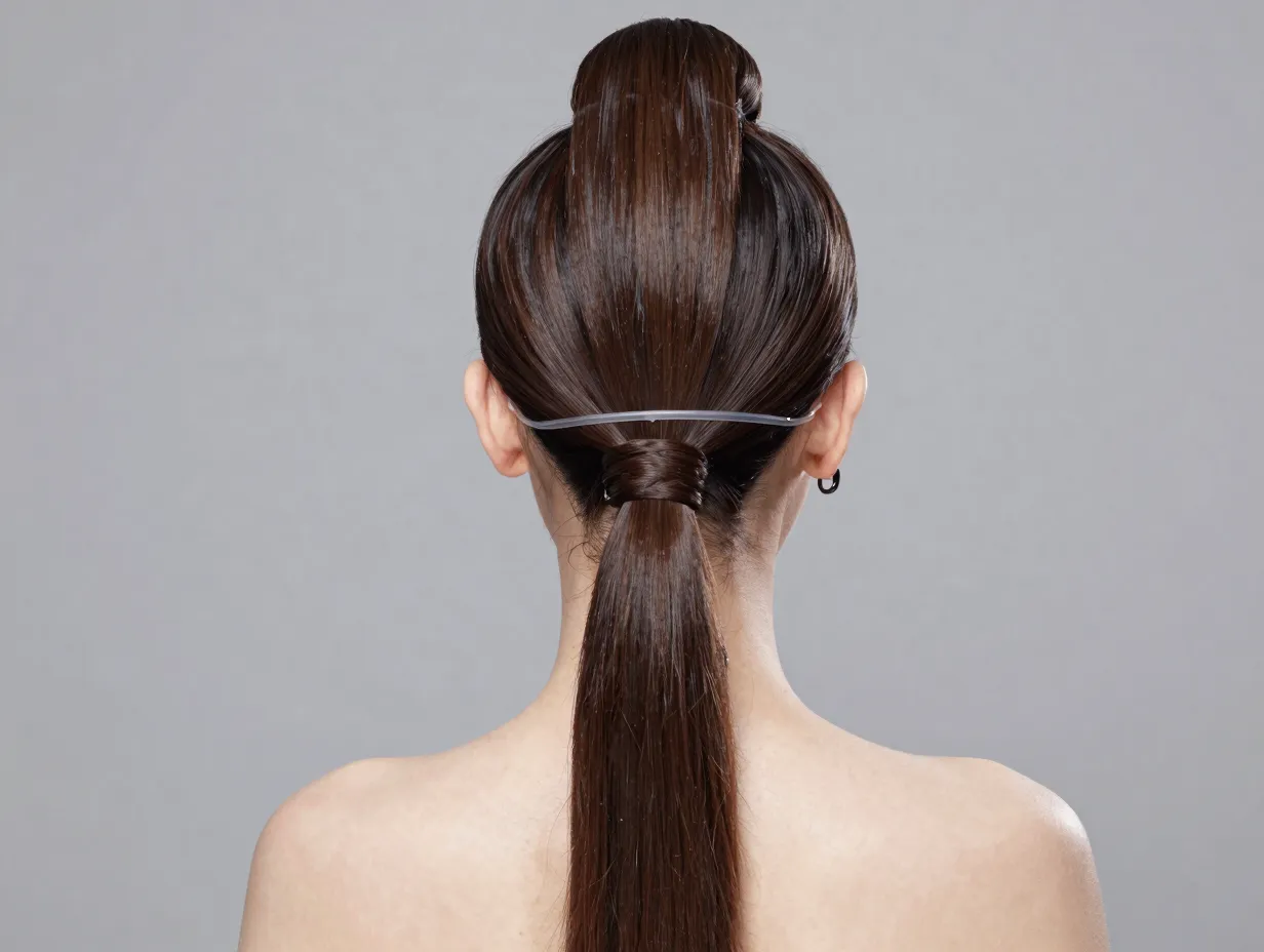 Sleek high ponytail half up hairstyle with clear elastic on straight hair