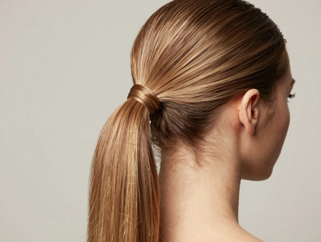 Sleek low ponytail at the nape with hidden elastic on natural hair