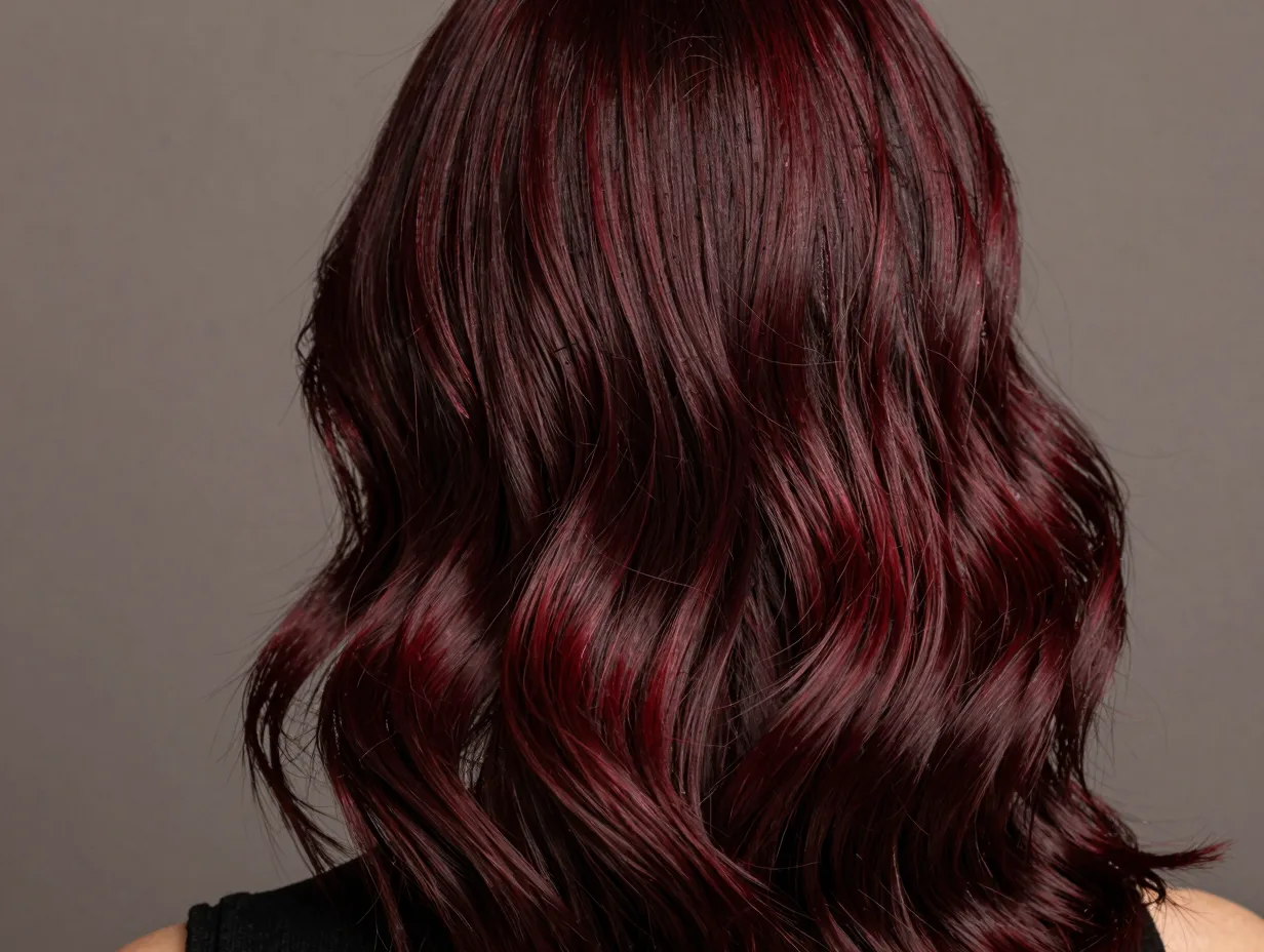 Velvety cherry cola hair on dark brunette in studio portrait