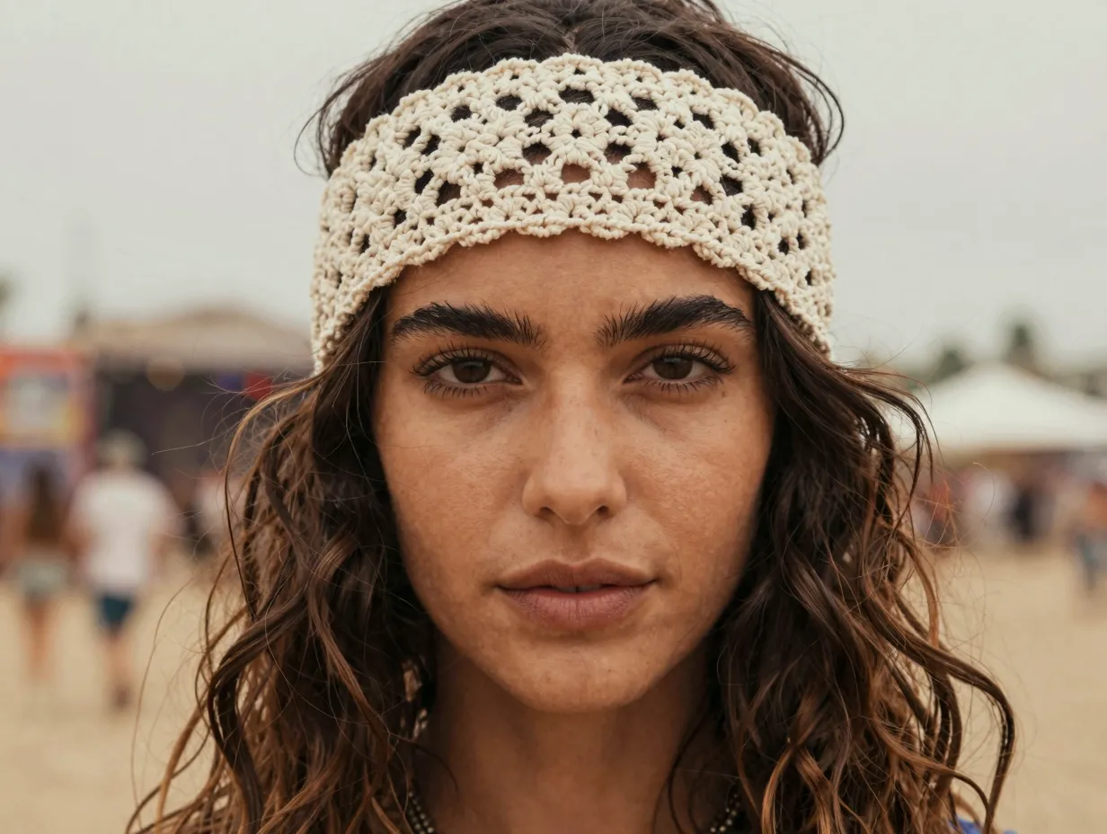 Wide lace crochet headband woman loose beach waves