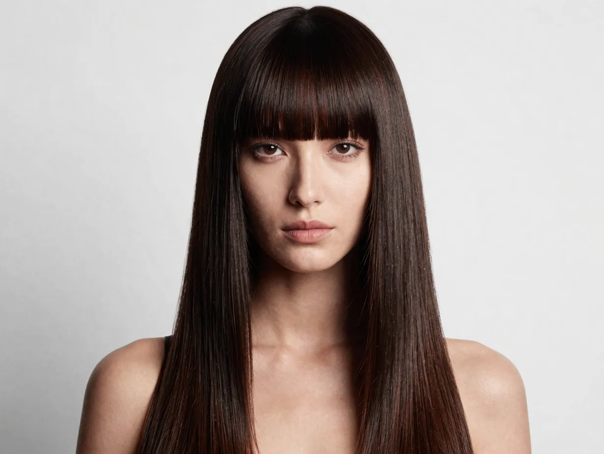 Blunt bangs straight long hair graphic fashion portrait