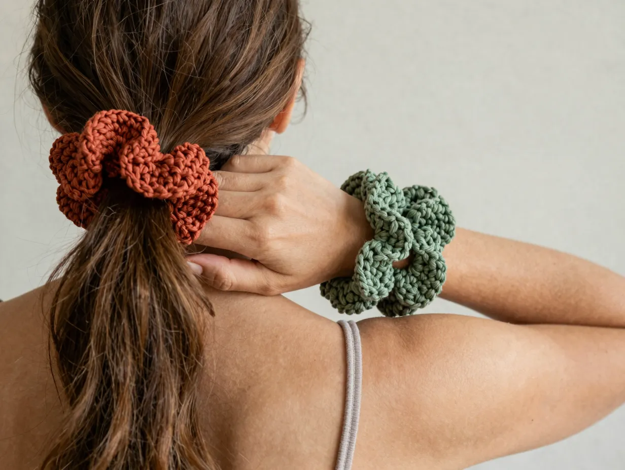 Chunky terracotta crochet scrunchie low ponytail wrist stack